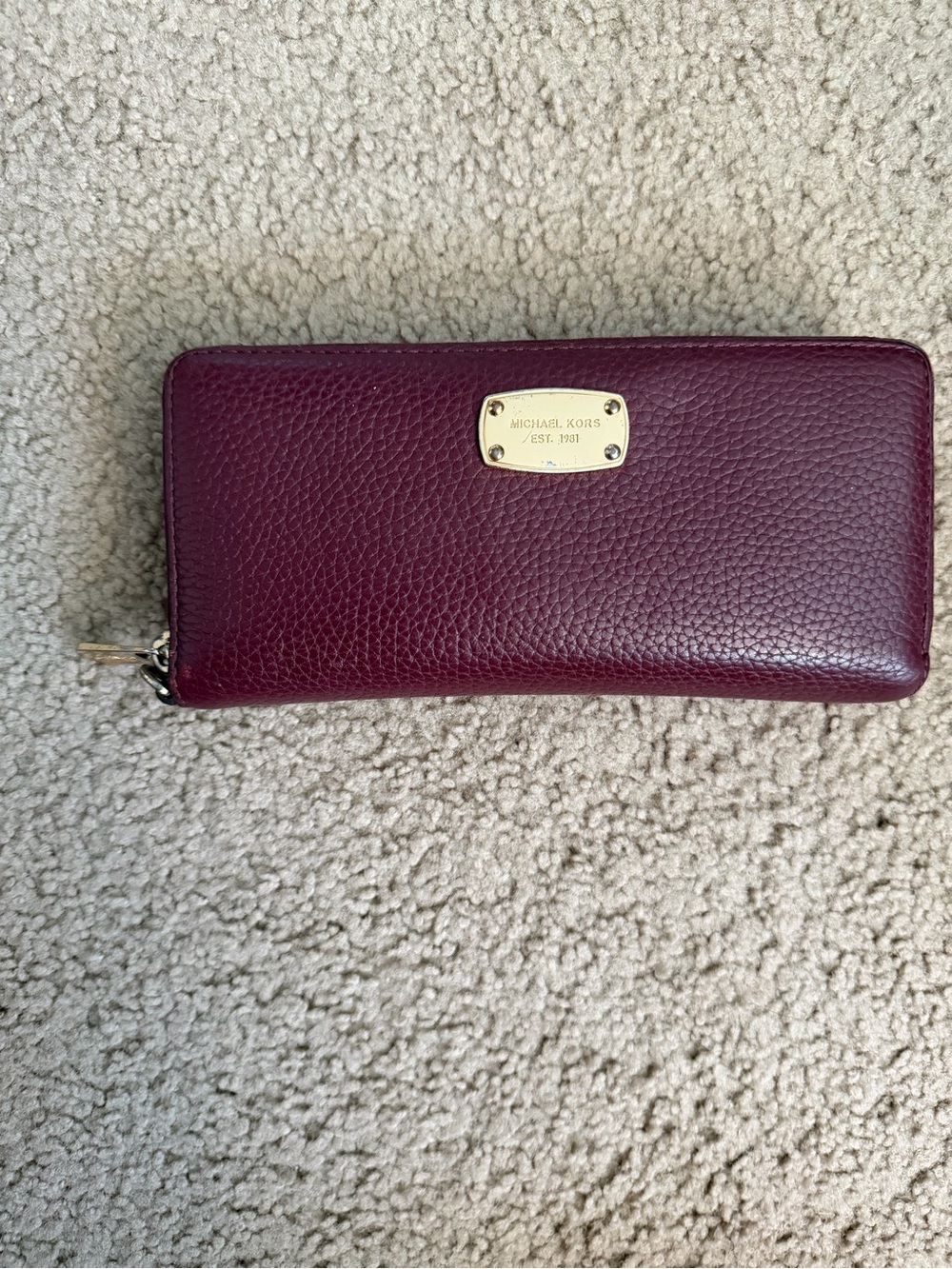 Michael Kors Wine Pebbled Leather Zip Around Wallet with Gold Plate